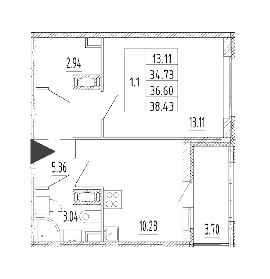 1-комнатная квартира 34.73 м², 13/13 эт., ЖК «Полис Приморский 2»